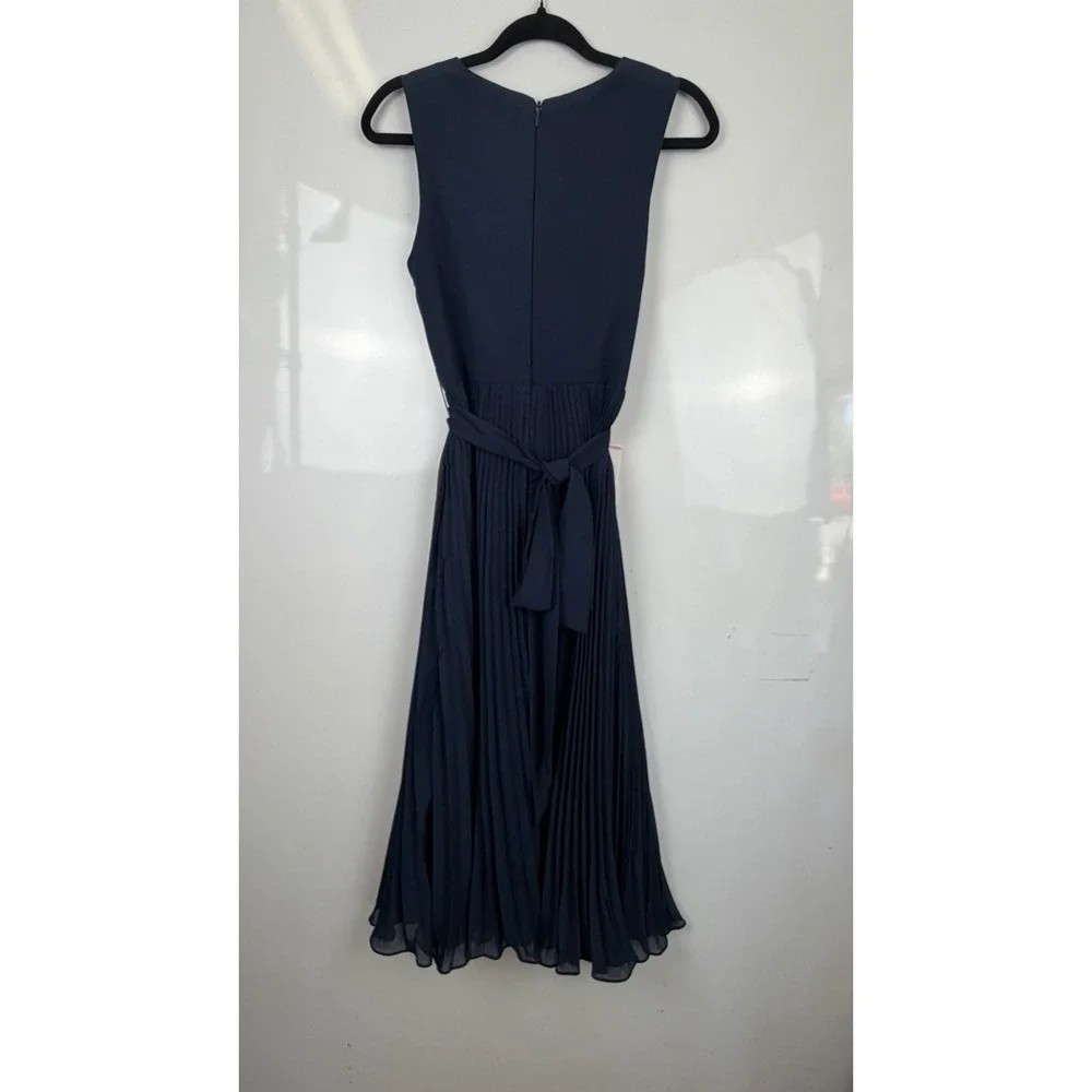 JJ House Women's Dark Navy Pleated Chiffon Midi Dress Sz 4